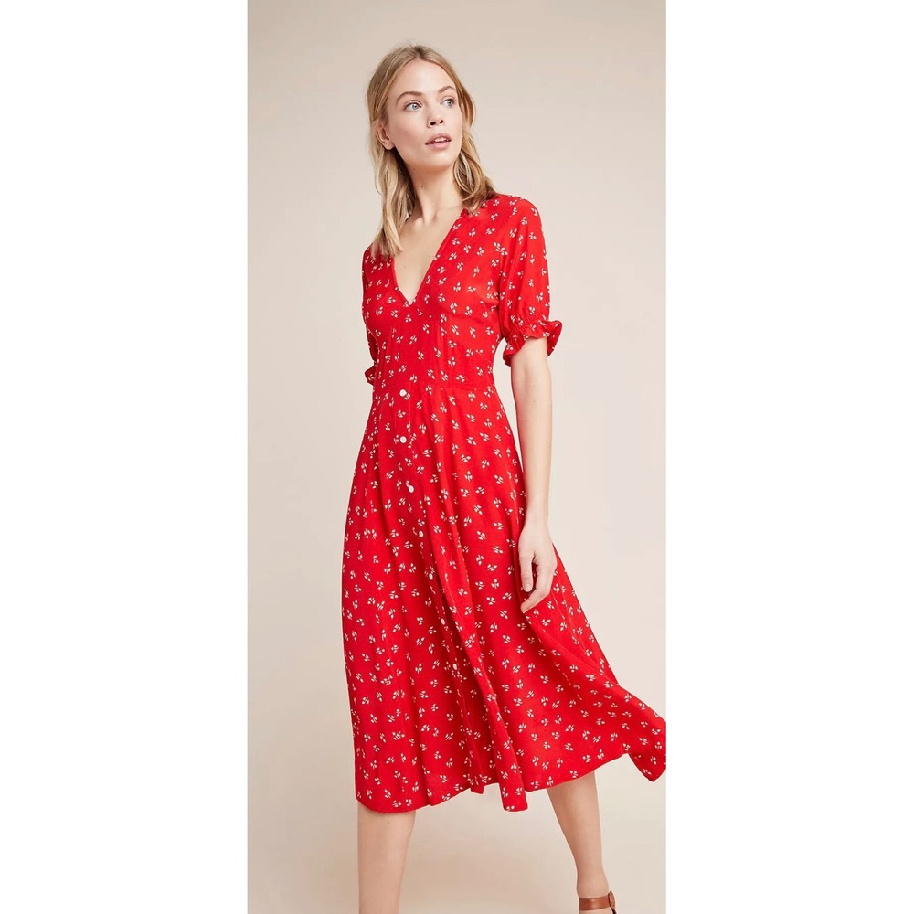 Faithfull The Brand Red Floral Midi Dress V-Neck Puff Sleeve Size XL US 10